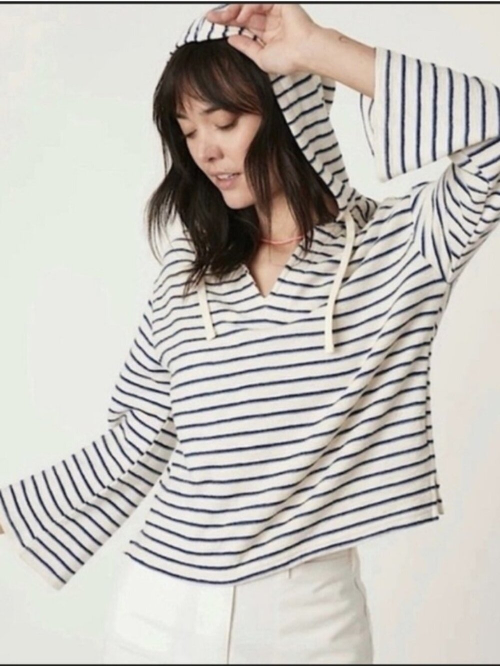 Marine Layer Womens Playa Striped Hoodie Coastal Nautical Blue & White Sz Large